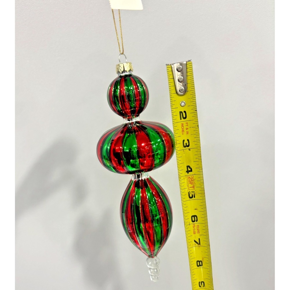 Living Quarters Red Green Striped Glass Christmas Ornament Finial 8" NWT